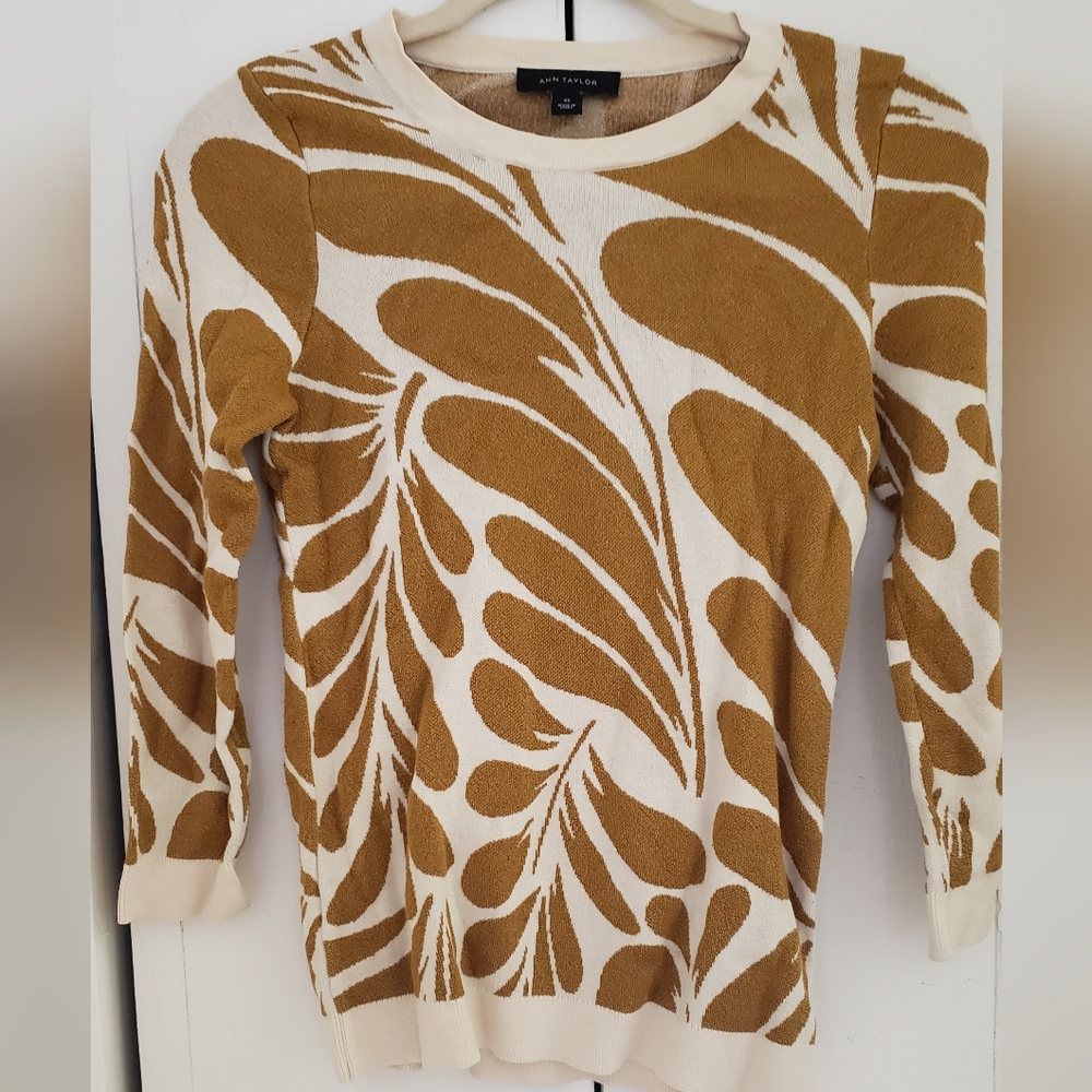 Ann Taylor Cream Sweater with Mustard Leaf Pattern